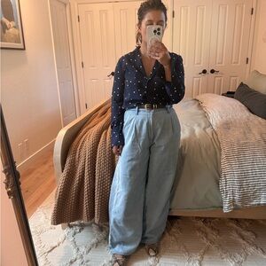 Sézane “Anne” silk blouse in navy polka dots